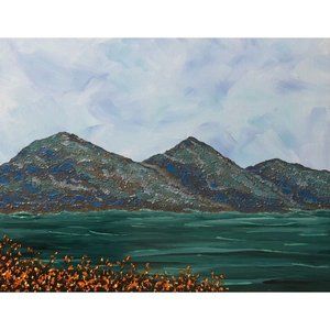 On a Clear Day Original Acrylic Painting, 11 x 14" Landscape, Mountains, Lake